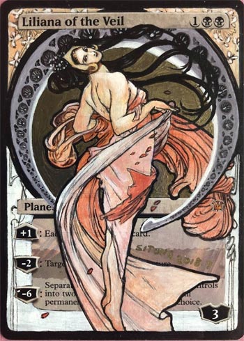 MTG ALTERED ART HAND PAINTED LILIANA OF THE VEIL ALPHONSE MARIA MUCHA BY SITONG