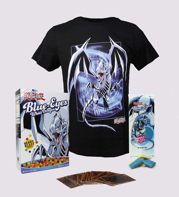Blue-Eyes White Dragon Cereal and Chocolate Bar by FYE, and T-Shirt by BioWorld