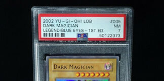 Strong PSA 7 Yugioh 1st Ed Dark Magician LOB-005 1st Ed Legend of Blue