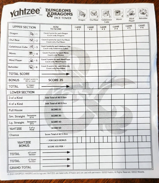 Yahtzee DND Scoresheet